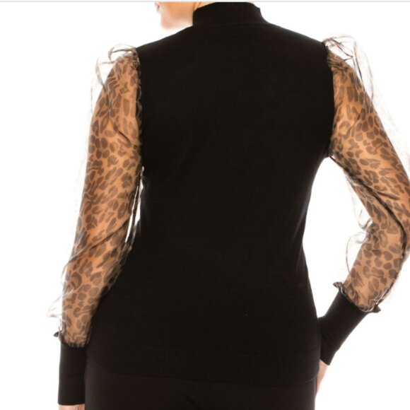 SALE! new SIONI Sheer Leopard Sleeve Black Wool Blend Mock Neck Top 252 - Picture 3 of 8